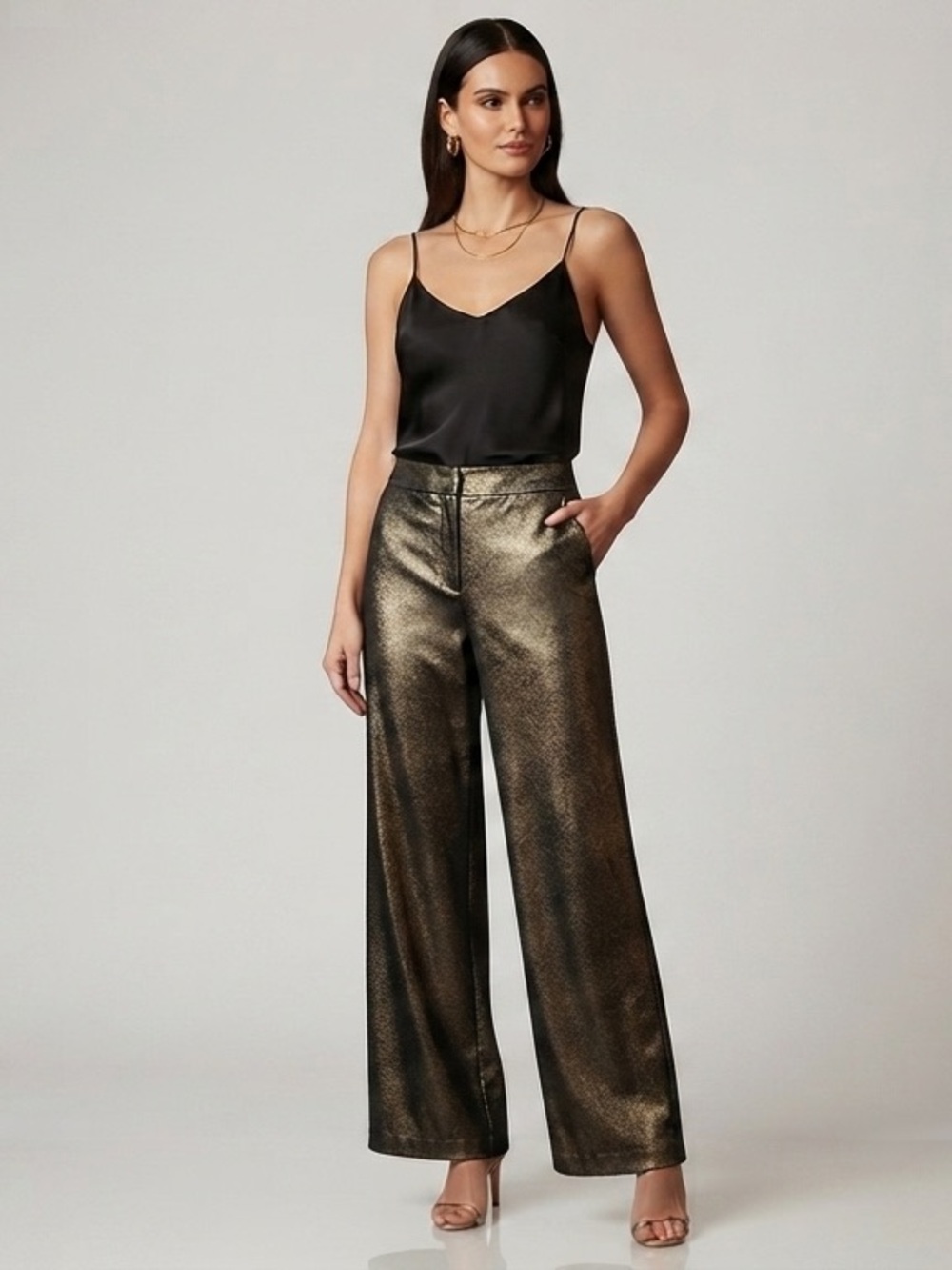 Joie Black & Gold Glitter Coated Wide Leg Pants 10